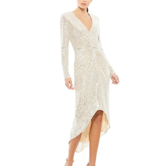 MAC DUGGAL 26549 NUDE SILVER SEQUIN KNOTTED‎ LONG SLEEVE MIDI DRESS SIZE 10 - Picture 1 of 6